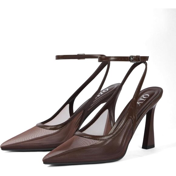 Women Z Chocolate Pumps Stiletto Wedding Dress Closed Toe Ankle Strap Heel Shoes - Picture 2 of 7